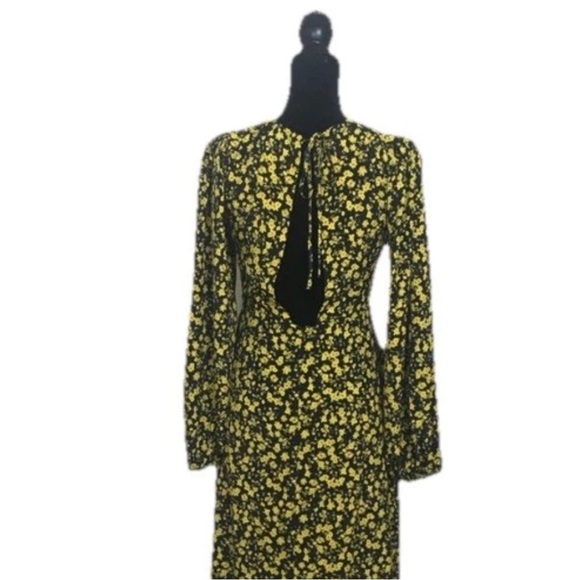 NWT Topshop Floral Godet Twist Back Long Sleeve Midi Dress Yellow Black Size 6 - Picture 6 of 7